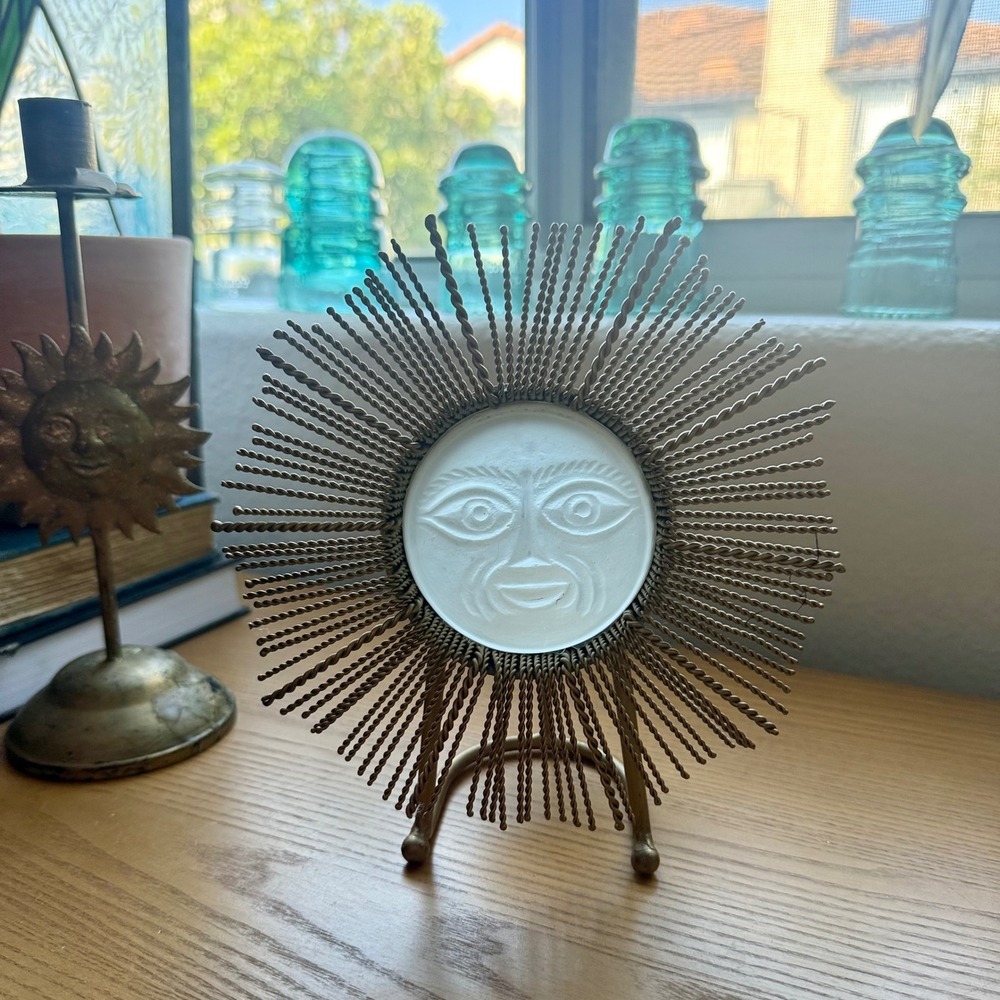 Vintage Brass Sunburst Moon Face Sculpture | Mid Century Celestial Decor